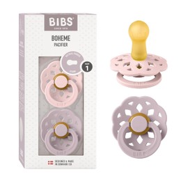 BIBS Boheme Soother 2-pack. BPA Free Dummy Pacifier, Round nipple. Natural Rubber Latex, Made in Denmark, Size 2 (6-18 Months), Violet Sky/Mauve
