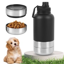 Trinkflasche Hunde für Unterwegs, 950ml Hundetrinkflasche für Unterwegs, Isolierte Edelstahl Wasserflasche Hund mit Futternapf und Wassernapf, Tragbare Hundeflasche Thermoflasche für Outdoor, Wandern
