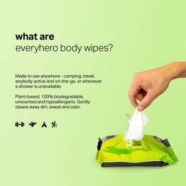 everyHERO Body and Face Shower Wipes for Adults (20-Count) - Unscented, Extra Large 13"x12", Biodegradable, No Rinse Cleansing Wipes For Camping, Sports, Traveling, and more!