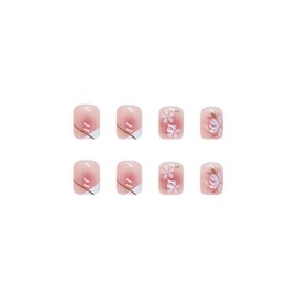 SINLOV Medium Long Square Fake Nails Pink Flower French False Nail Glossy Full Cover False Nails Press on Nails for Women and Girls