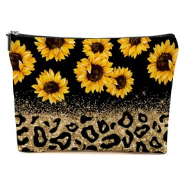Sunflower Gifts Makeup Bag Sunflower Stuff Leopard Print Gifts for Women Sunflower Accessories Cosmetic Bag for Her Lady Coworker Female Teacher Graduation Retirement Christmas Travel Toiletry Bag