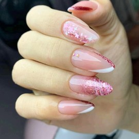 Almond Shaped Fake Nails French Tip Glitter White Star Press on Nails Medium 24 Pcs Nude Stick on Acrylic Nails Glossy Full Cover False Nails for Women Z685