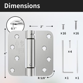 Bubxo 2 Pack Self Closing Door Hinges, 4 Inch Spring Loaded Door Hinges with 5/8'' Radius Corners, Adjustable Tension for Garage, Front, Back Door, UL Listed, Left and Right Hand, Brushed Nickel