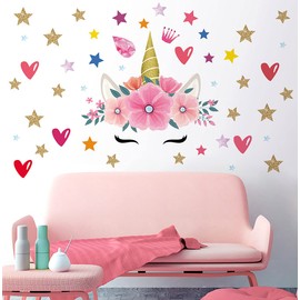 Unicorn Horn Wall Stickers, Pink Decor Unicorn Face Star Heart Wall Decals for Girl’s Bedroom Baby Girl Room Nursery, Unicorn Flower Decoration for Girl’s Birthday Party