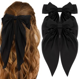 SHEEN 2 PCS Big Bow Hair Clips with Long Silky Satin, Solid Color French Barrette Simple Hair Fastener Accessories for Women Girls (BLACK & BLACK)