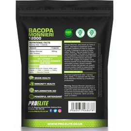 Bacopa Monnieri 12000mg Vegan Capsules High Strength Bacopa Extract 20:1 | Resealable and Recyclable Pouch | 100% Natural Brahmi Powder Non-GMO | NO FILLERS | NO Binders by PROELITE (120 Capsules)