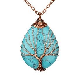 Suoirblss Copper Wire Wound Tree of Life Gemstone Chakra Water Drop Necklace Natural Gemstone Necklace Energy Stone Pendant (Synthetic Turquoise)