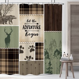 LIGHTINHOME Retro Cabin Shower Curtain 60Wx72H Inches Rustic Bear Country Hunting Wild Animal Plaid Check Farmhouse Adventure Begin Woodland Bathroom Home Decor Fabric Waterproof Polyester 12 Hooks