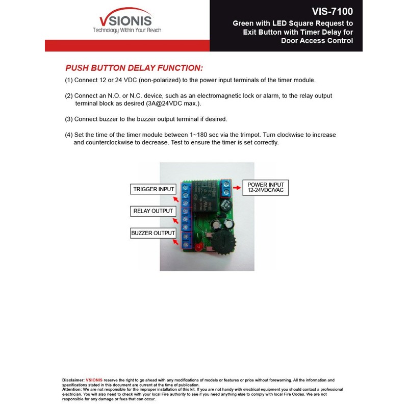 Visionis VIS-7100 Green LED Square Request Push to Exit Button
