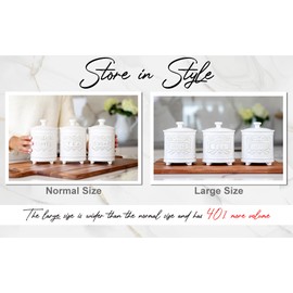 25 Ounce Elegant Ceramic Kitchen Canisters Set of 3 - Engraved Coffee Tea Sugar Storage Containers with Feet for Added Style and Stability - Ceramic Jar with Airtight Lid