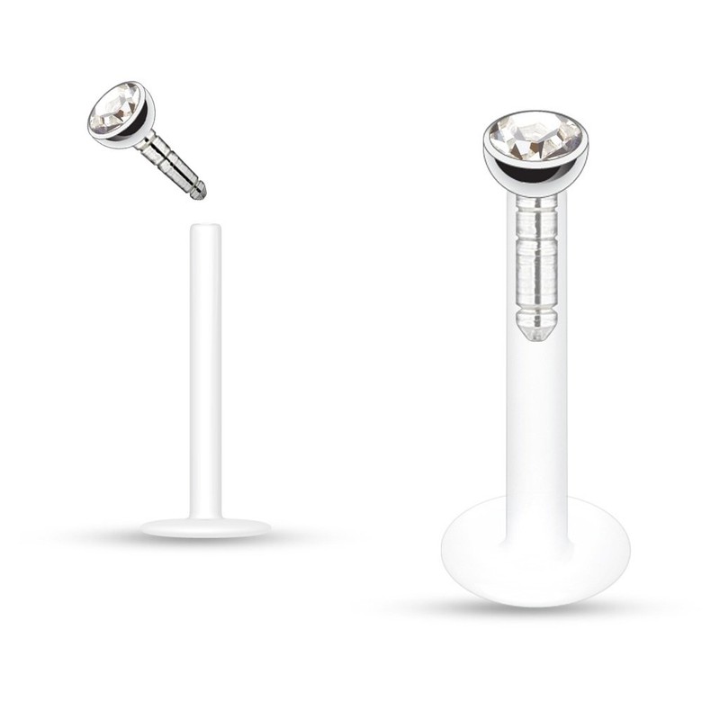 PiercedOff Bio-Flex Labret Retainer with Press Fit Clear Gem Top