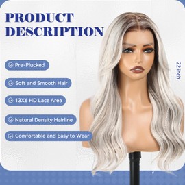 13x6 HD Lace Front Wig Synthetic 22 Inch Platinum Blonde with Lowlights Long Wave Layered Glueless Wig for Women, Natural Look Daily Wear