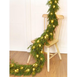9Ft 50LED Norfolk Pine Garland, Christmas Garland with Lights Timer 180 Branch Tips Real Touch Cedar Garland Realistic Soft Thickness Faux Greenery Garlands for Table Mantle Stairs Holiday Party Decor