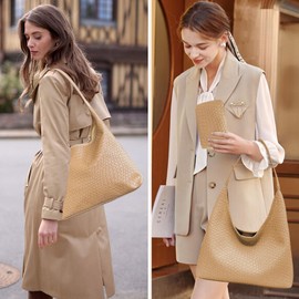 Woven Shoulder Bags for Women 2 PCS Small Leather Hobo Handbag Trendy Underarm Purse Fall Slouchy Tote Bag 2025