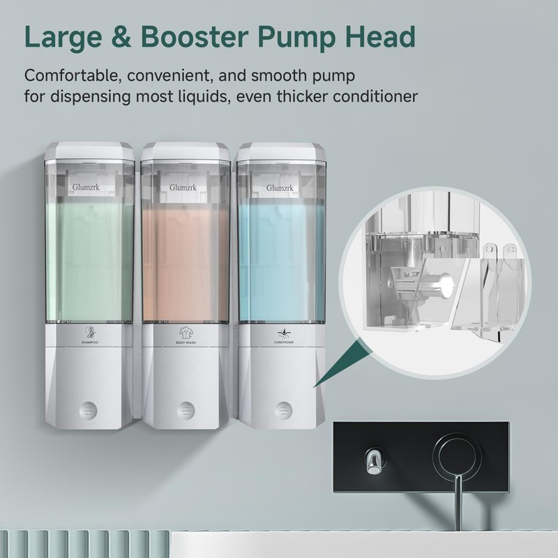 Shampoo and Conditioner Dispenser 3 Chamber No Drill Shower Soap