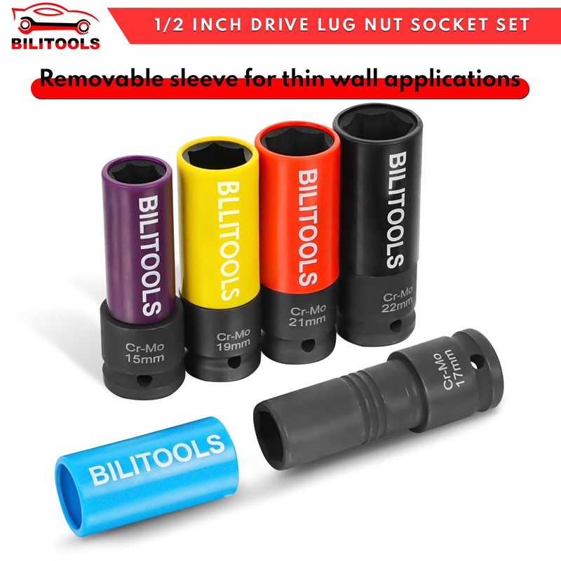 BILITOOLS 1/2 inch Drive Impact Lug Nut Socket Set, 15