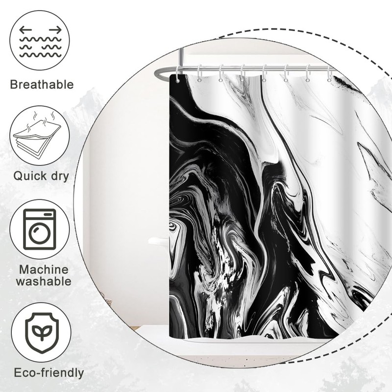 Ruelvth Black and White Shower Curtain, Modern Abstract Black Marble