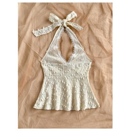 GORGLITTER Women's Lace Trim Tie Front Going Out Tops Swiss Dots Backless Ruffle Hem Summer Halter Vest Top 2025 Apricot Small