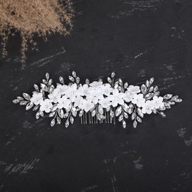 Teyglen Bride Flower Wedding Hair Comb Headband White Flower Rhinestone Headpiece Bridal Crystal Hair Piece Hair Accessories for Women Girls (Silver)