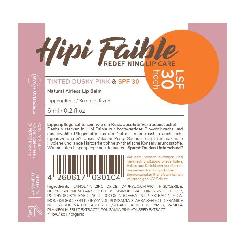 Hipi Faible Tinted Dusty Pink & SPF 30 Lip Care