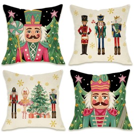 Fahrendom Christmas Nutcracker Decorative Throw Pillow Covers 18 x 18 Set of 4, Green Xmas Tree Peppermint Candy Porch Patio Outdoor Pillowcase, Winter Sofa Couch Cushion Case Home Decor