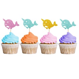 24PCS Narwhal Cupcake Toppers, Sea Animal Cupcake Toppers, Narwhal Cupcake Picks for Baby Shower, Under The Sea Themed Birthday Party Decoration - Blue&Pink Glitter