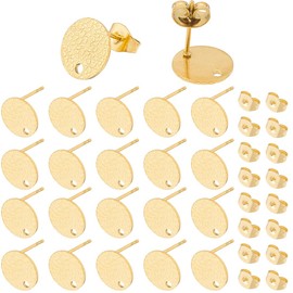 SOFPLATE 1 Box 60Pcs Flat Pad Earring Studs Stainless Steel Earring Posts with Loop Textured Round Blank Ear Stud with Nuts Gold Stud Earring Findings for jewellery Making Supplies DIY Craft Beginner