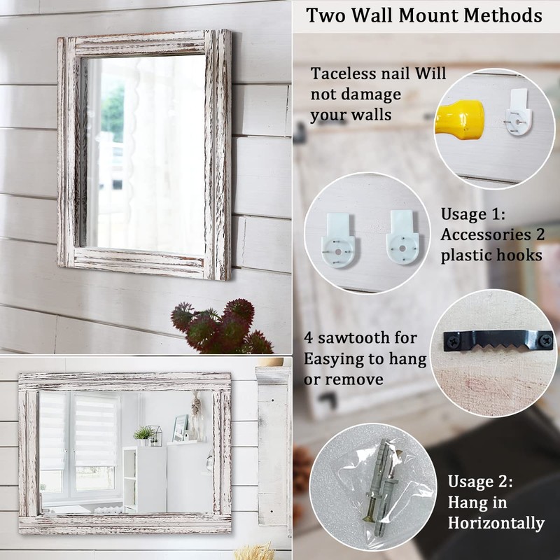 AAZZKANG Rustic Wall Mirror Rectangle Wood Framed Mirrors Large 20"x16"