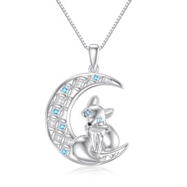 EUSJ Fox Necklace 925 Sterling Silver Fox Pendant Moon Fox Jewelry for Women Fox Lover Gifts for Birthday Valentine's Day