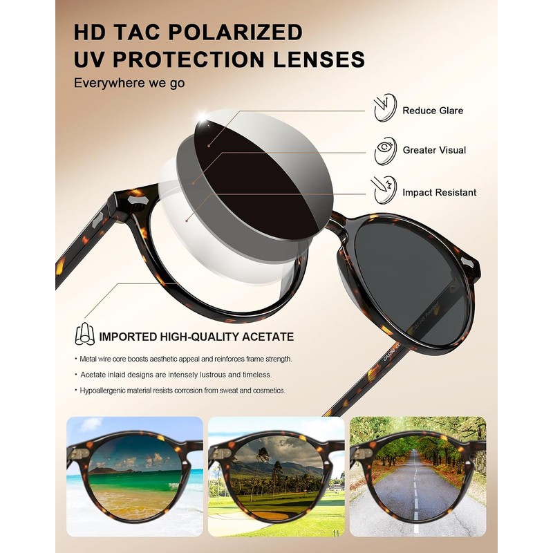 CARFIA Gafas de sol de acetato polarizadas para hombre Retro