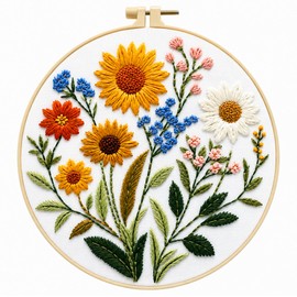 Zhenqing Sunflower Daisy Embroidery Kit for Beginners, Floral Needlework Kit with Pre-Printed Cotton Fabric, Hoop, Threads & Tools, Garden Wall Decor (C0127)