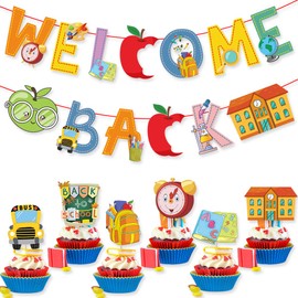 Welcome Back Banner Cupcake Topper School Decorations - First Day of School Banner Welcome Back Sign for School Classroom Bulletin Board Chalkboard Hanging Decoration Welcome Party Decorations
