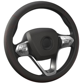 HOTOR Car Steering Wheel Cover - Universal Car Accessory for Diverse Cars, Durable Leather Cover with Anti-Slip Lining, for Steering Wheel with a Diameter of 14.5"-15", Black with Red line