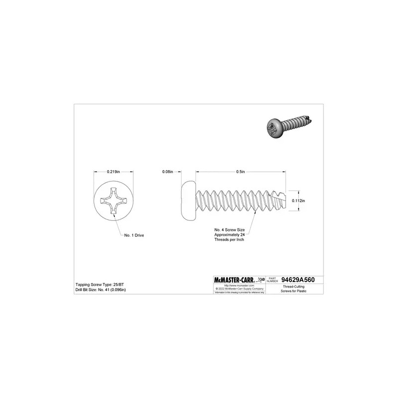 McMaster-Carr Thread-Cutting Screws for Plastic, 410 Stainless Steel, #4 Size