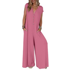 MEROKEETY Women's Cap Sleeve One Piece Jumpsuit Casual Wide Leg Pants Overalls with Pockets,DustyPink,L