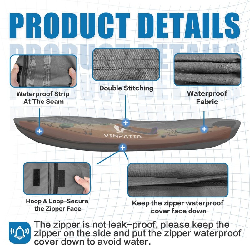 Kayak Cover 600D, Waterproof Full Coverage Canoe Cover with Zipper,