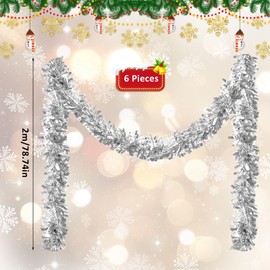 Pack of 6 x 2 m Christmas Tinsel Garland, Tinsel Garland, Glitter Garland, Christmas Indoor and Outdoor for Christmas Tree, Christmas Party, Tinsel Christmas Decoration, Silver