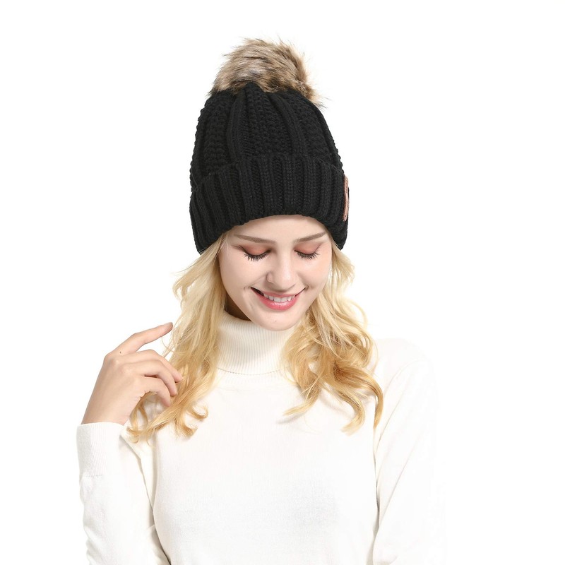 GanJingRen Women's Faux Fur Pompoms Lined Thick Knitted Warm Winter