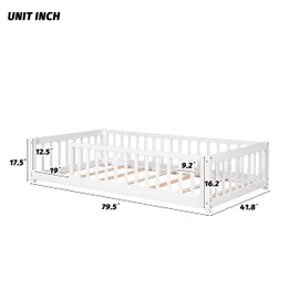 PVWIIK Twin Floor Bed w/Fence for Kids, Girls, Boys, Floor Bed with Safety Guardrails and Slats,No Box Spring Needed, White