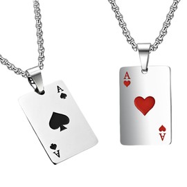 Set of 2 Playing Card Necklaces, Men's Poker Chains for Men, Couple Jewellery, Necklace Men, Chain Silver, Titanium Steel, Men's Necklace, Silver, Stylish for Couples and Rock Punk, Everyday and