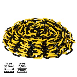 FlexiLink Plastic Chain. Eye-Catching Bright Colors. 2” Link Dia, 50 Ft Length for Safety barriers, Crowd Management, Event Safety, Decoration, queues. UV Resistant, Waterproof, Yellow/Black, 50 Feet