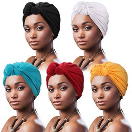DRESHOW 5 Pack Knotted Headwraps for Women African Turban Pre-Knotted Beanie Headwraps