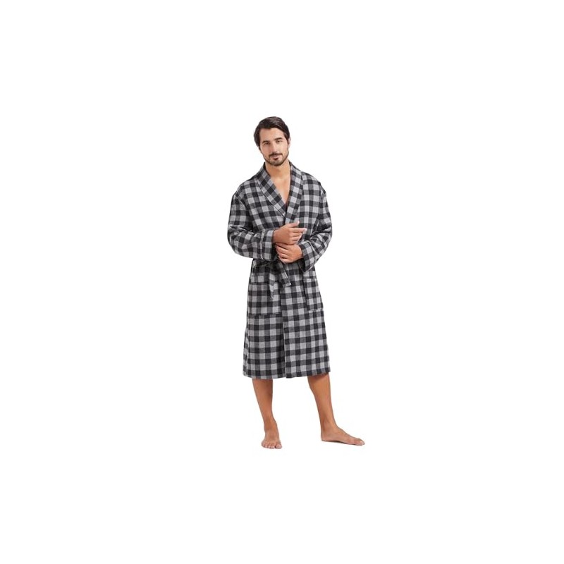FashGudim Men's Cotton Lightweight Thin Short Dressing Gown Checked Summer