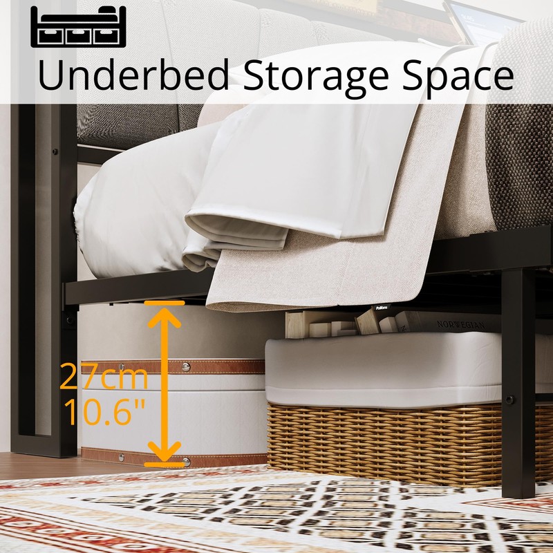 LIKIMIO Queen Bed Frame, Storage Headboard with Charging Station, Solid