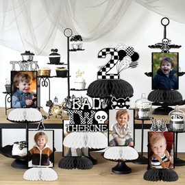 kreat4joy Bad Two The Bone Party Decoration, 8pcs Skeleton 2nd Birthday Decoration Photo Honeycomb Centerpiece Black Bad Two The Bone Table Decoration for Music Rock and Roll 2nd Second Birthday Party