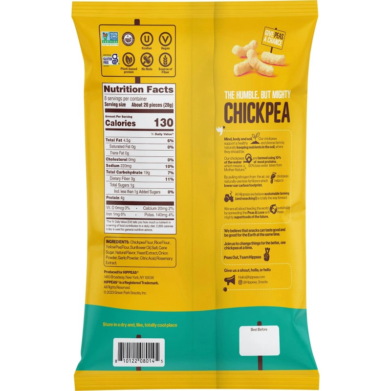 Hippeas Chickpea White Cheddar Chips Bag - 8 Oz (Pack