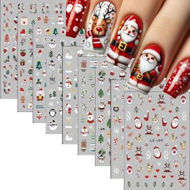 9Sheets Christmas Nail Art Stickers Xmas Nails Stickers 3D Self Adhesive Santa Claus Snowman Snowflakes Xmas Tree Elk Nail Decals Winter Manicure Nail Supplies for Women Girls Holiday DIY