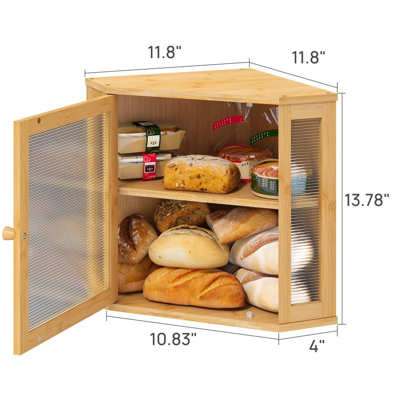viewcare Corner Bread Box for Kitchen Counter, Bamboo Wood Large