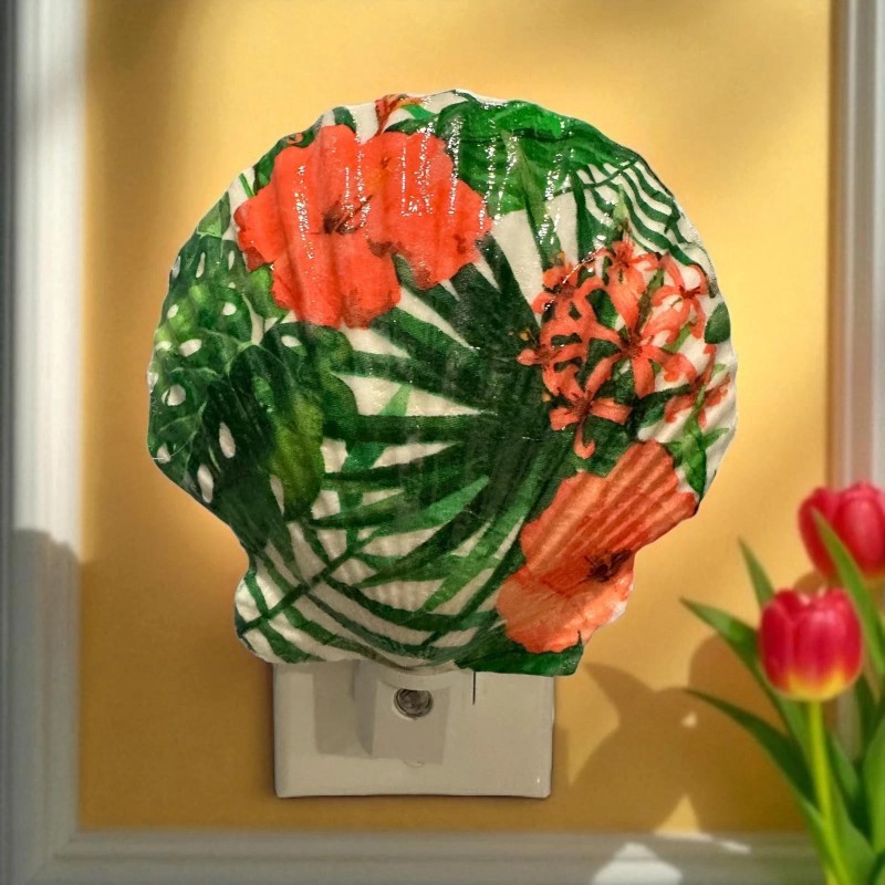 Nightlight Hibiscus Coastal Scallop Shell Decoupage Shell Art Light- Beach