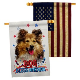 Breeze Decor Patriotic Shetland Sheepdog House Flag Pack Dog Puppy Spoiled Paw Canine Fur Pet Nature Farm Animal Creature Vintage Applique Banner Small Garden Yard Gift Double-Sided, Made in USA